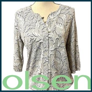 Olsen Europe Pullover V-Neck Cream/Taupe/Black Pattern Elastic Waist Top (S)